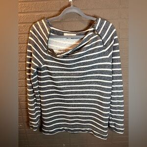 LOFT Zip Shoulder Gray and White Striped Sweatshirt/Sweater